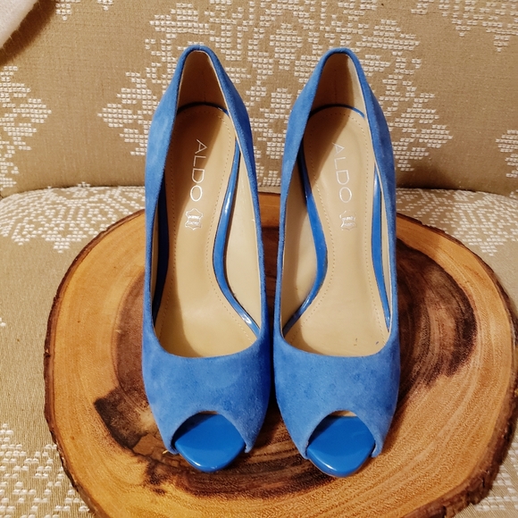 ALDO | 80's PEEP TOE SUEDE HEELED PUMPS BLUE, 7 - Picture 5 of 8